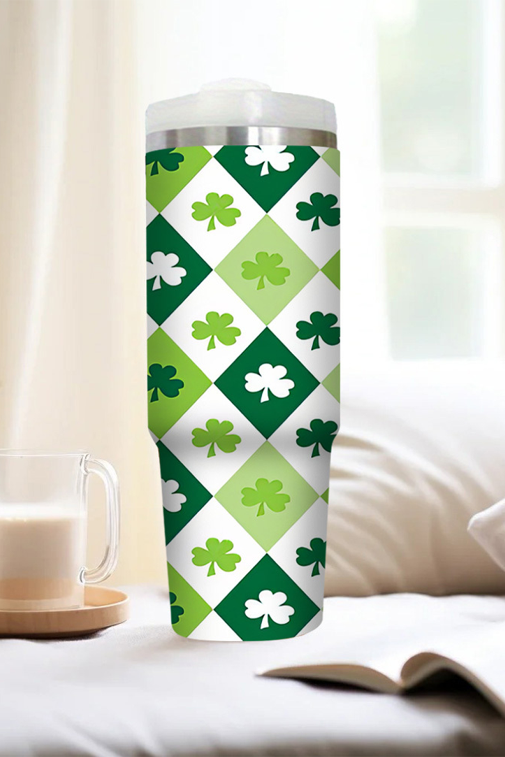 Green St Patricks Day Checkered Clover Tumbler Cup-Cups-[Adult]-[Female]-Green-ONE SIZE-2022 Online Blue Zone Planet