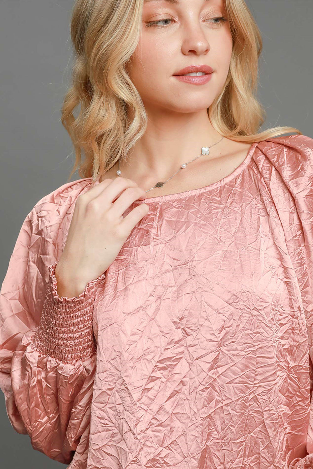 Umgee Wrinkled Round Neck Lantern Sleeve Blouse-TOPS / DRESSES-[Adult]-[Female]-2022 Online Blue Zone Planet