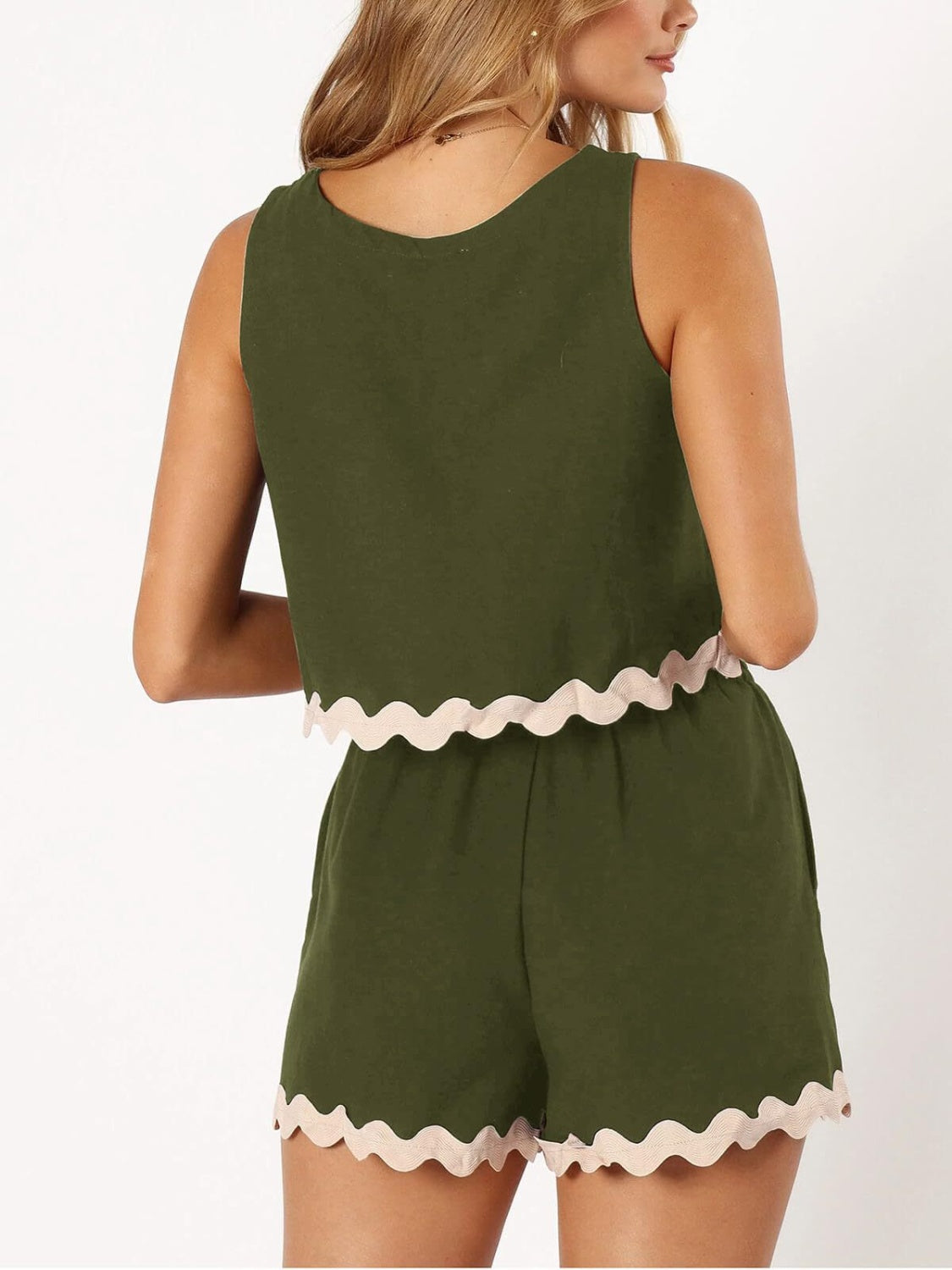 Contrast Trim Round Neck Top and Shorts Set-TOPS / DRESSES-[Adult]-[Female]-Army Green-S-2022 Online Blue Zone Planet