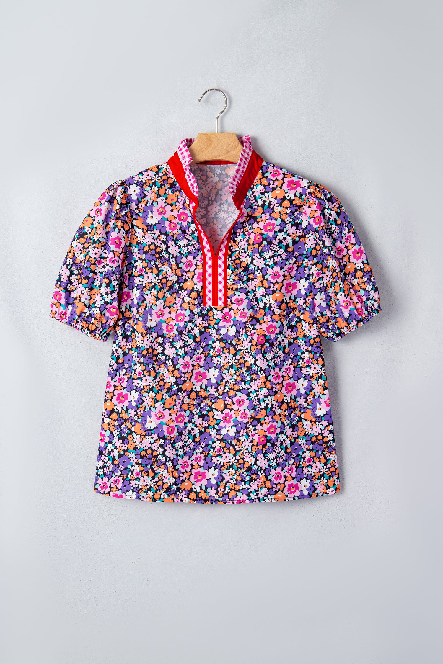 Purple Ditsy Floral Print Plaid Colorblock Trim V Neck Blouse-Tops/Blouses & Shirts-[Adult]-[Female]-2022 Online Blue Zone Planet