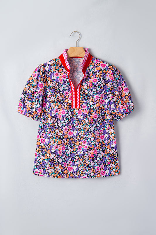 Purple Ditsy Floral Print Plaid Colorblock Trim V Neck Blouse-Tops/Blouses & Shirts-[Adult]-[Female]-2022 Online Blue Zone Planet