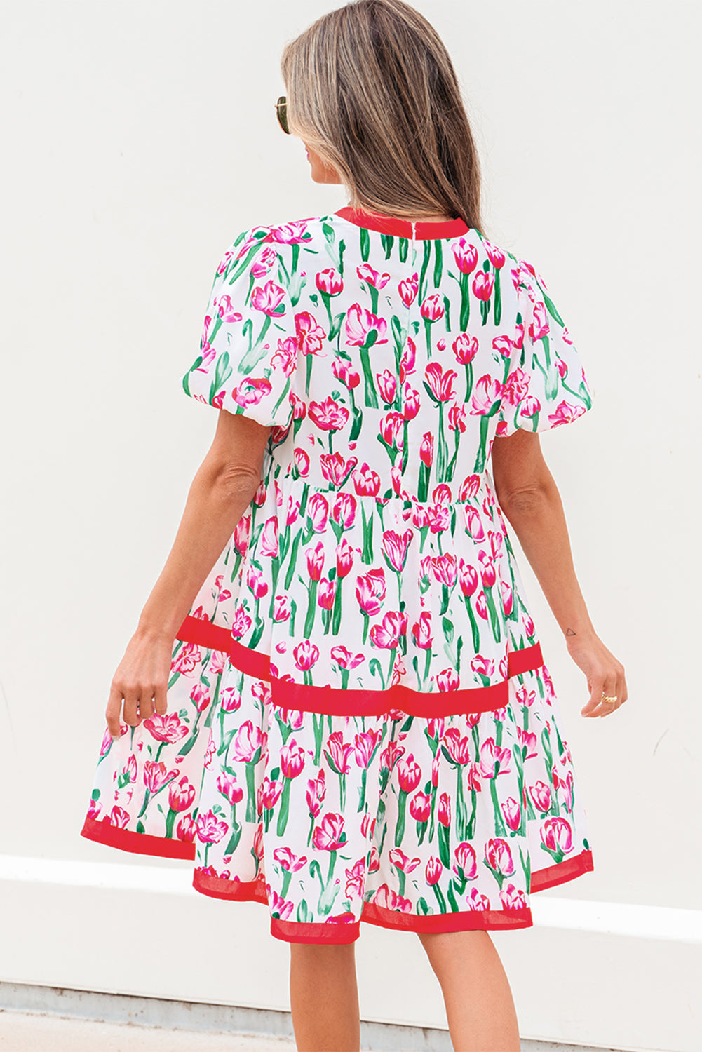 Pink Floral Print Contrast Trim V Neck Bubble Short Sleeve Babydoll Dress-TOPS / DRESSES-[Adult]-[Female]-2022 Online Blue Zone Planet