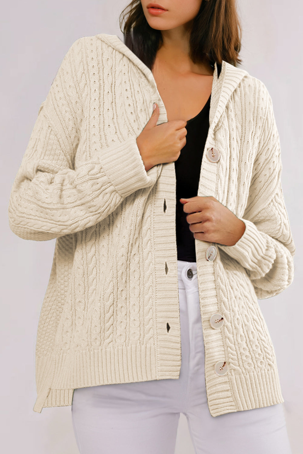 White Cable Knit Texture Uneven Hem Hooded Chic Cardigan-Sweaters & Cardigans/Cardigans-[Adult]-[Female]-2022 Online Blue Zone Planet