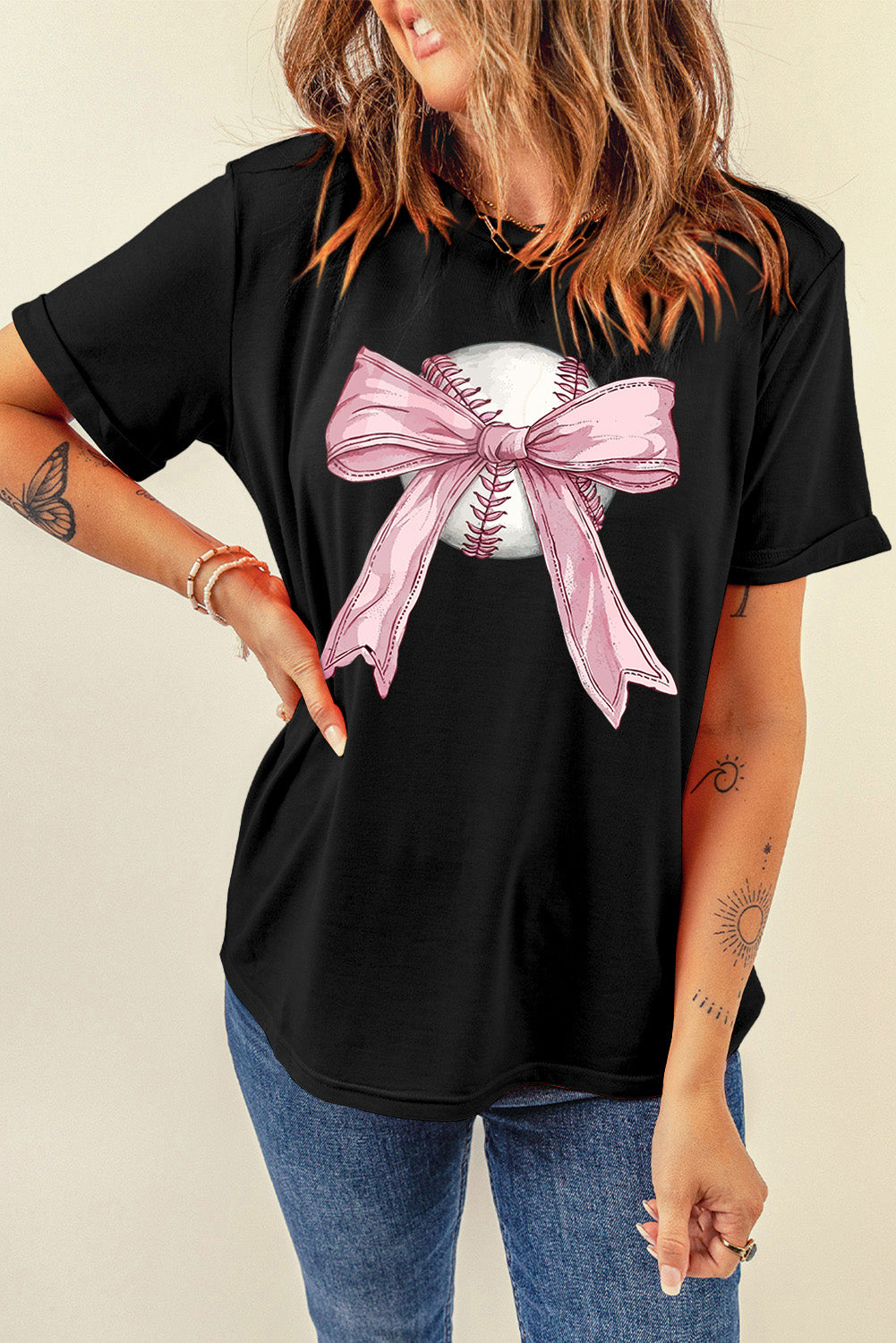 Black Baseball Bow Knot Print Round Neck T Shirt-Graphic/Graphic Tees-[Adult]-[Female]-2022 Online Blue Zone Planet