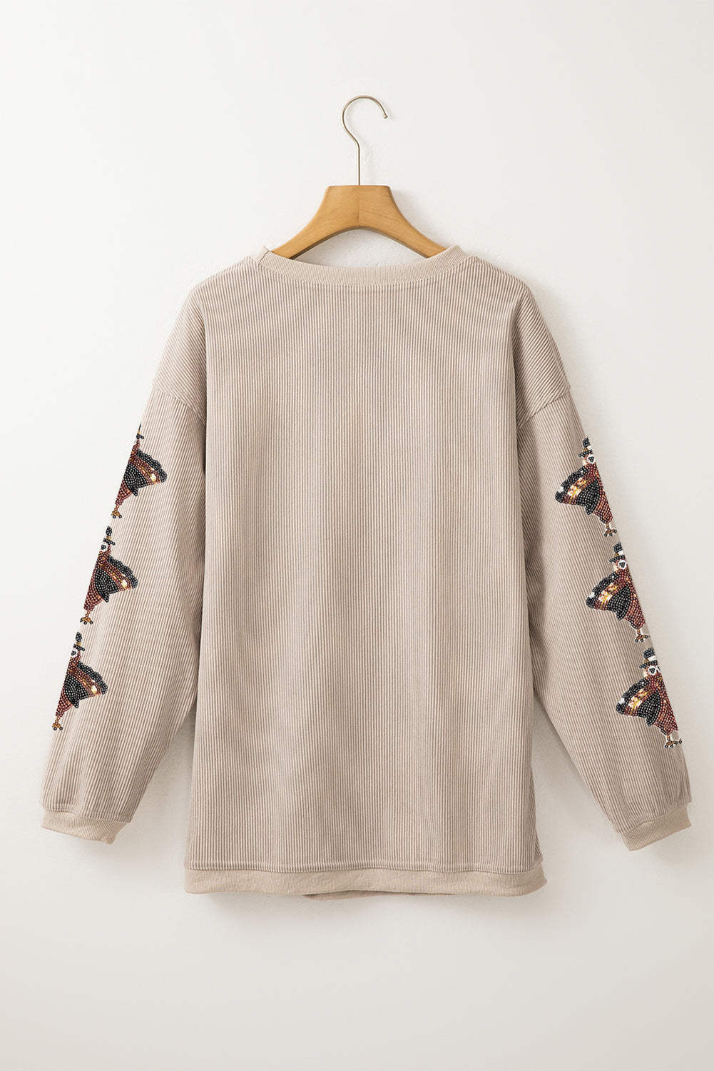 Smoke Gray Corded Ribbed Thanksgiving Turkey Sequin Patched Sleeve gobble Baggy Sweatshirt-Graphic/Graphic Sweatshirts-[Adult]-[Female]-2022 Online Blue Zone Planet