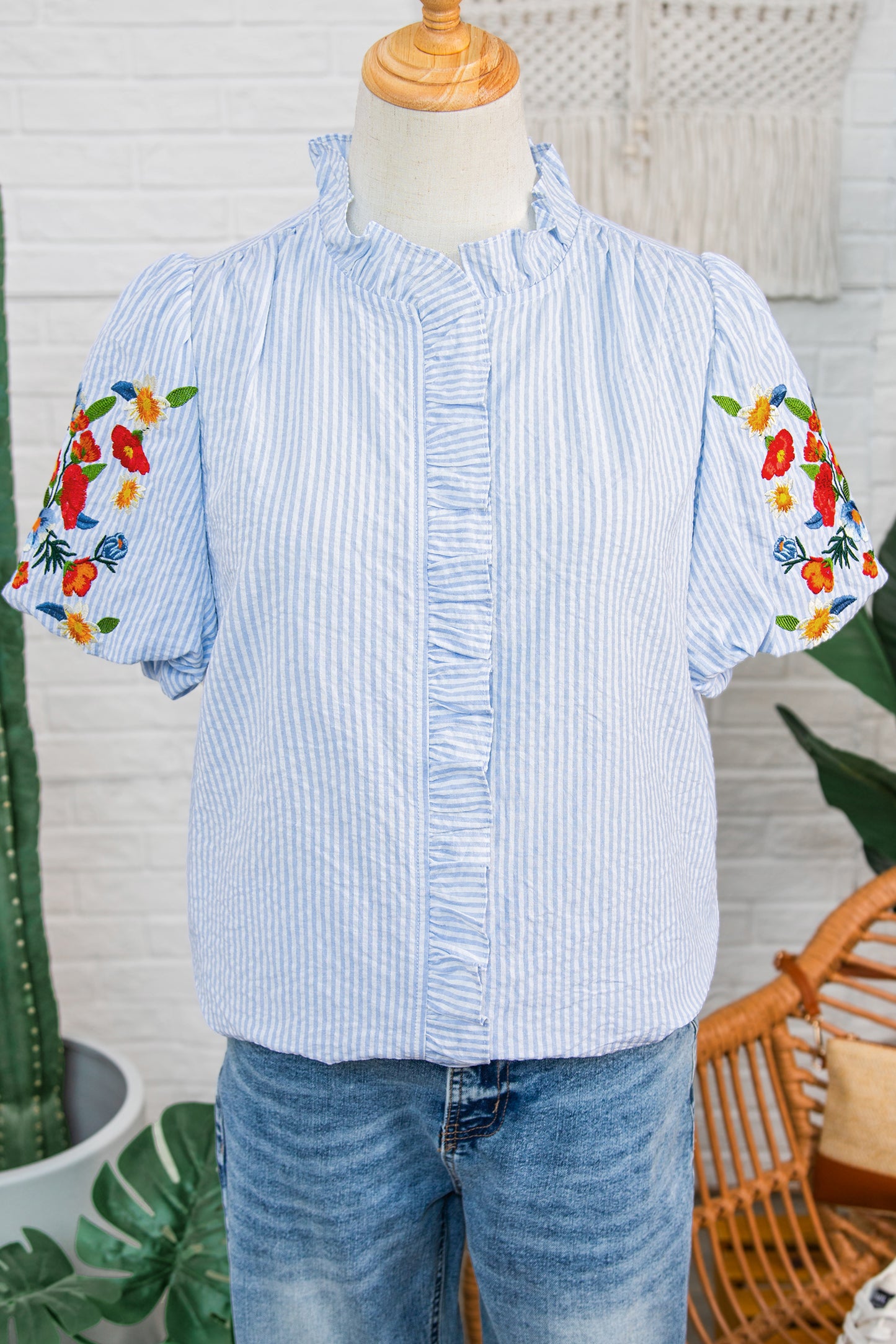 Sky Blue Stripe Floral Embroidered Puff Sleeve Ruffle Trim Shirt-Tops/Blouses & Shirts-[Adult]-[Female]-2022 Online Blue Zone Planet