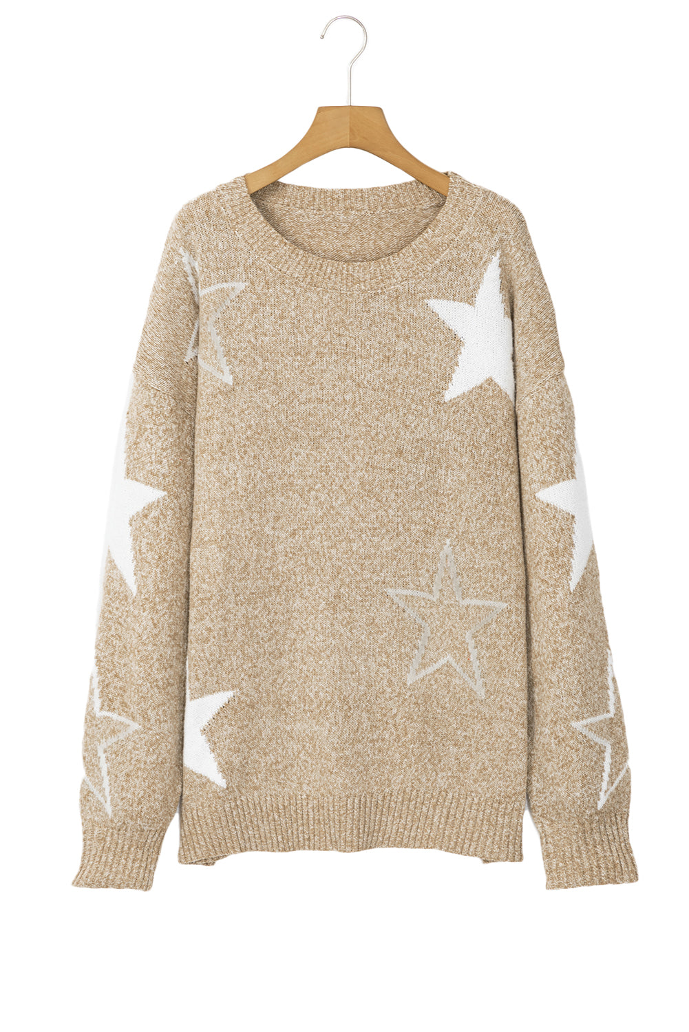 Blue Zone Planet | Khaki Star Pattern Drop Shoulder Plus Size Sweater-Plus Size/Plus Size Sweaters & Cardigans-[Adult]-[Female]-2022 Online Blue Zone Planet