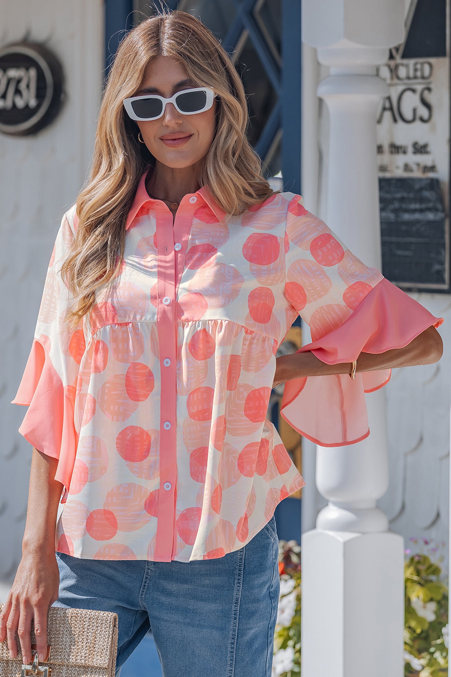 Pink Double Polka Dot Printed Ruffle Trim Short Sleeve Babydoll Shirt-Tops/Blouses & Shirts-[Adult]-[Female]-2022 Online Blue Zone Planet