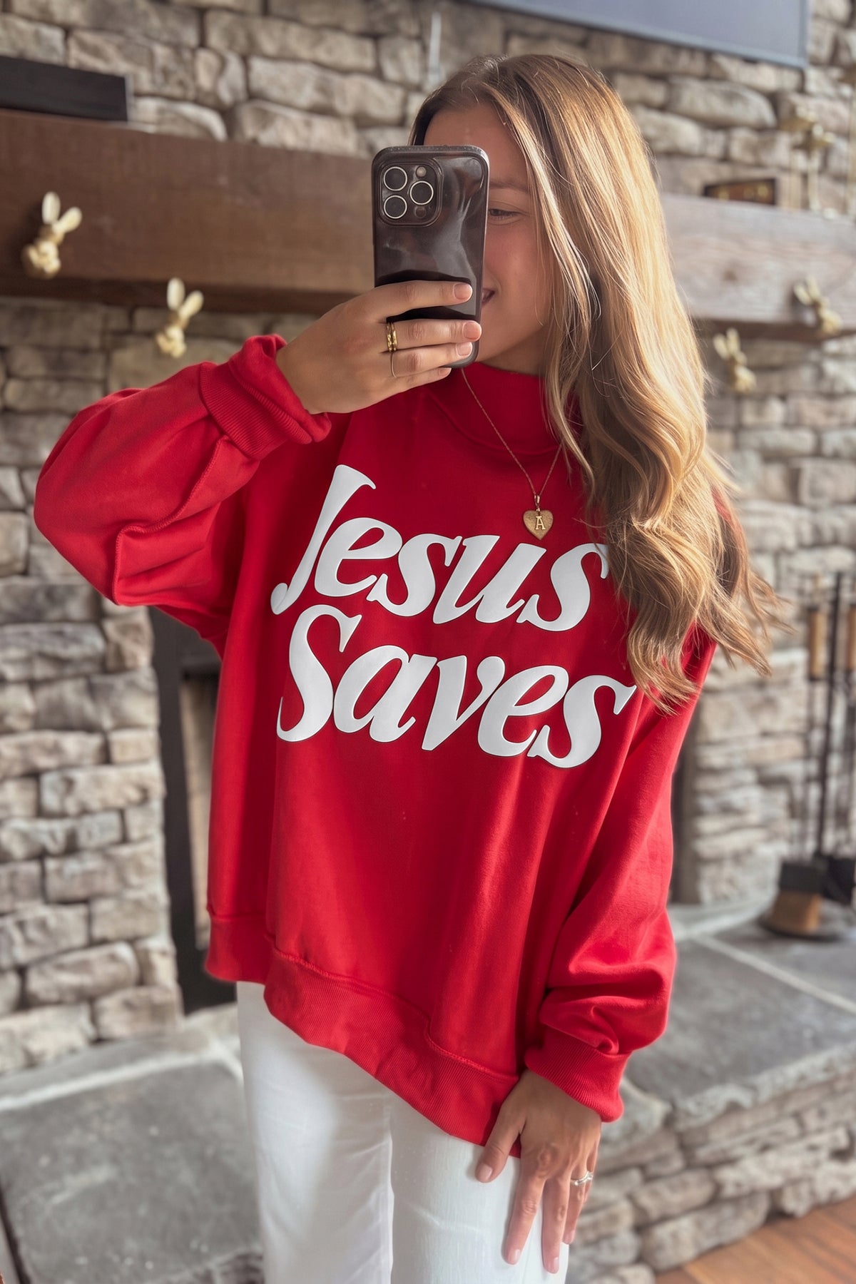 Fiery Red Jesus Saves Slogan Print Stand Neck Baggy Sweatshirt-Tops/Sweatshirts & Hoodies-[Adult]-[Female]-2022 Online Blue Zone Planet