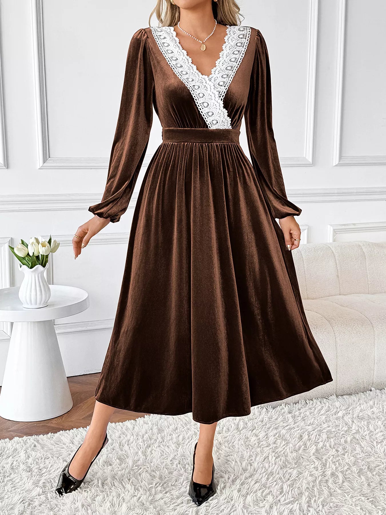 navy blue dress for baby girl Brown Velvet A Line V-Neck Long Sleeves Formal Dress with Ruffles main image 0