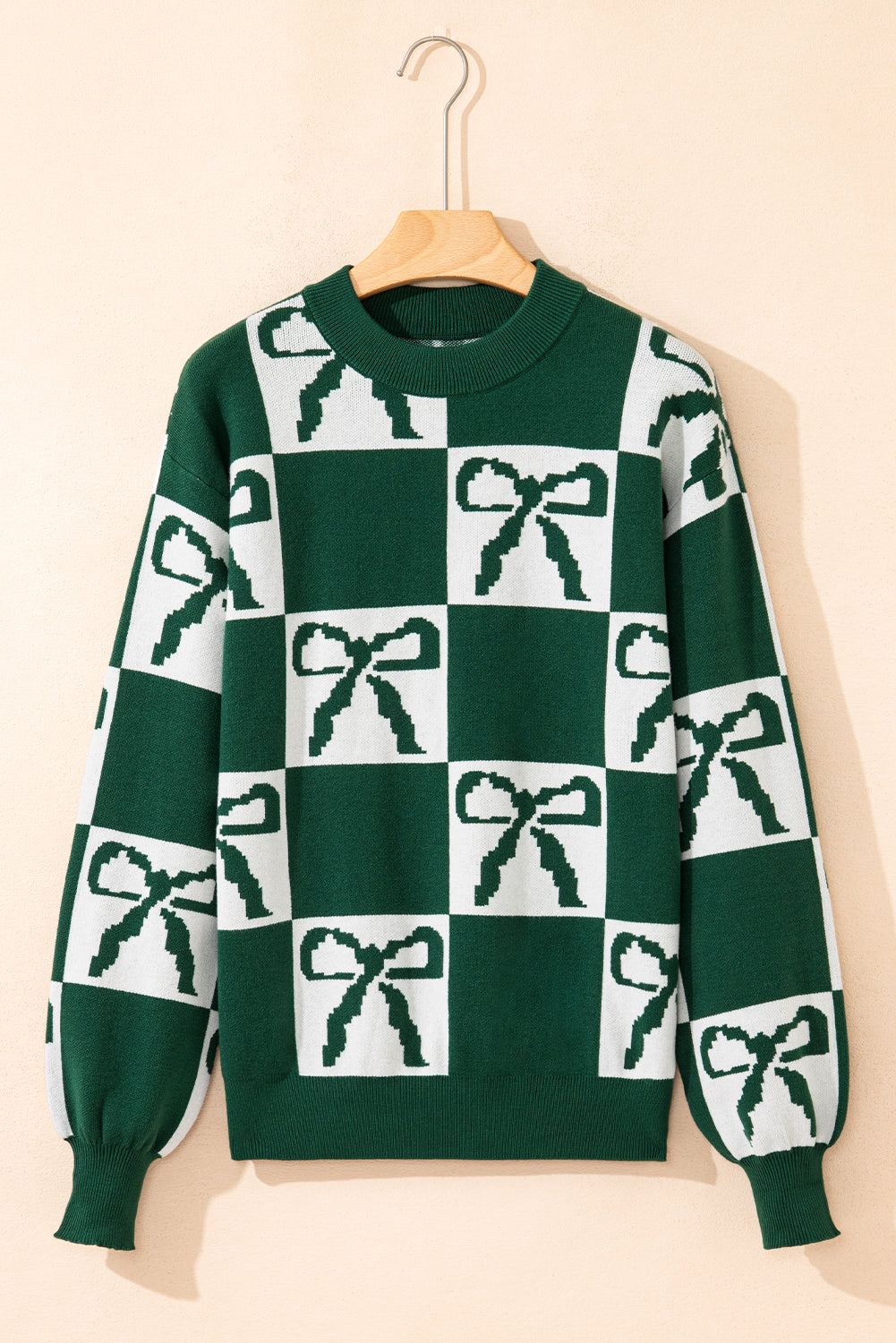 Blackish Green Checkered Bow Print Casual Sweater-TOPS / DRESSES-[Adult]-[Female]-2022 Online Blue Zone Planet