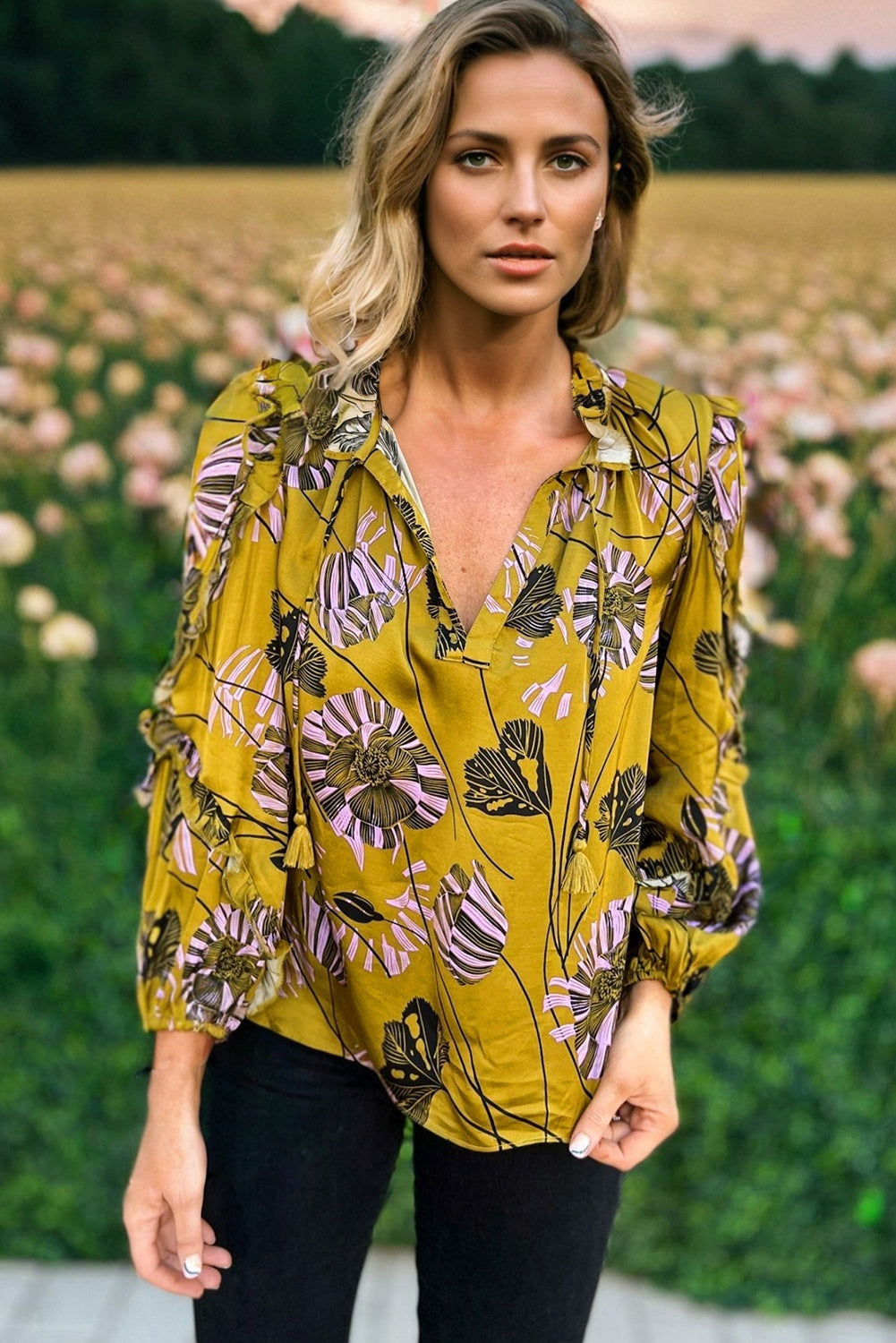 Yellow Vintage Floral V Neck Ruffle Trim Long Sleeve Blouse-Tops/Blouses & Shirts-[Adult]-[Female]-2022 Online Blue Zone Planet