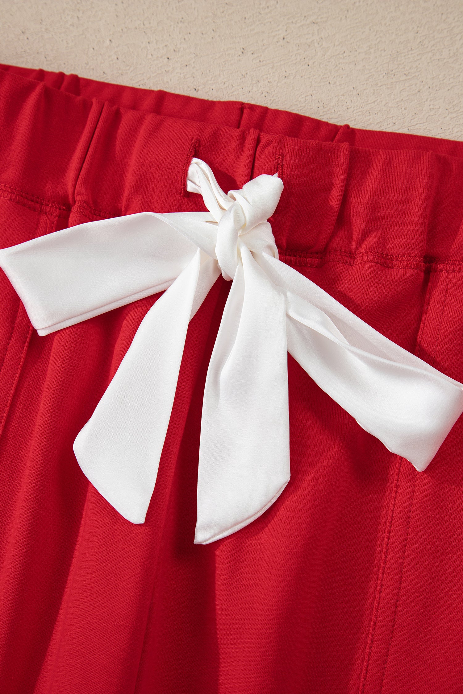 Fiery Red Contrast Trim Button V Neck Ribbon Bow Knot Waist 2pcs Lounge Pant Set-Loungewear & Sleepwear/Loungewear-[Adult]-[Female]-2022 Online Blue Zone Planet