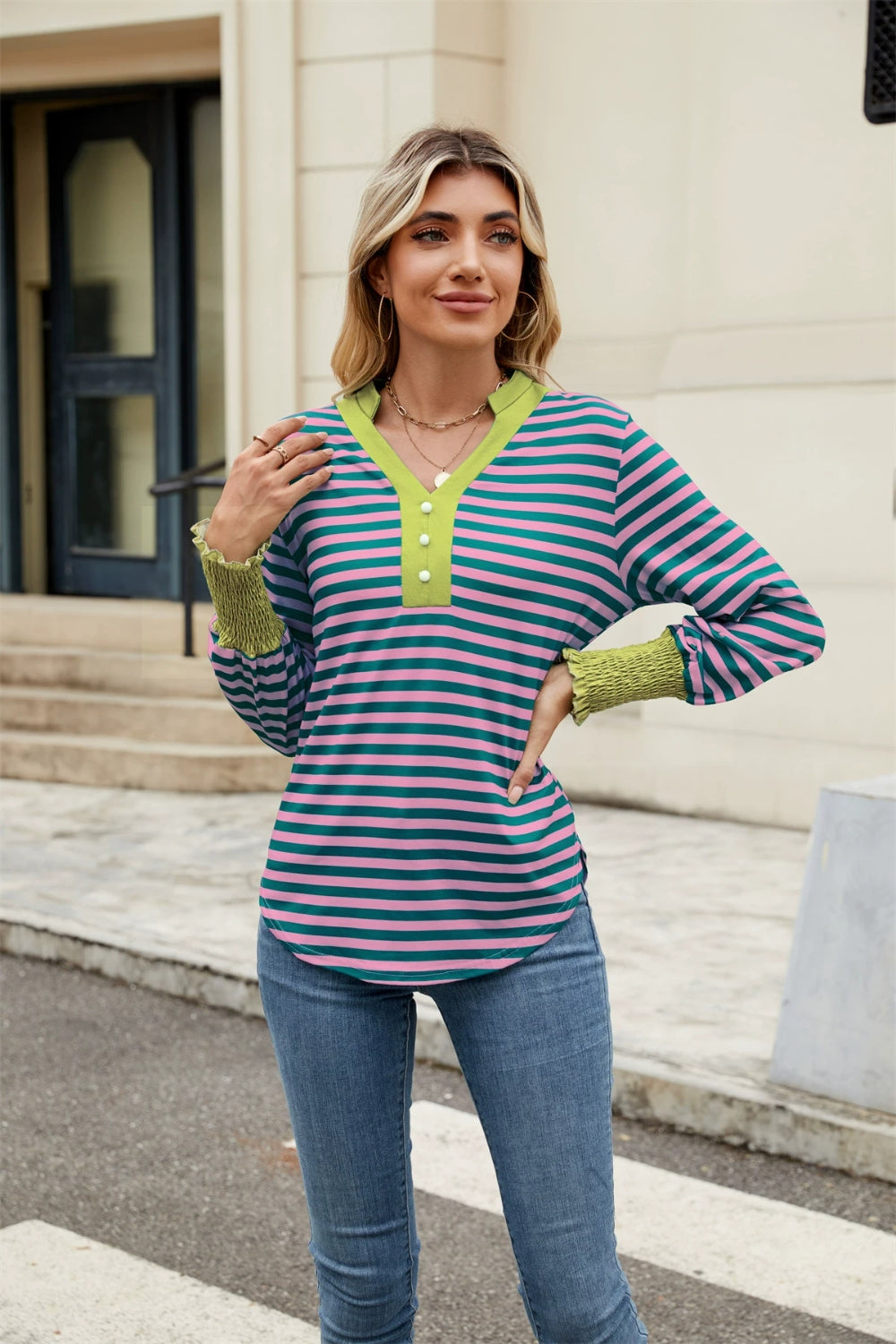 Contrast Striped Notched Long Sleeve Top-TOPS / DRESSES-[Adult]-[Female]-2022 Online Blue Zone Planet