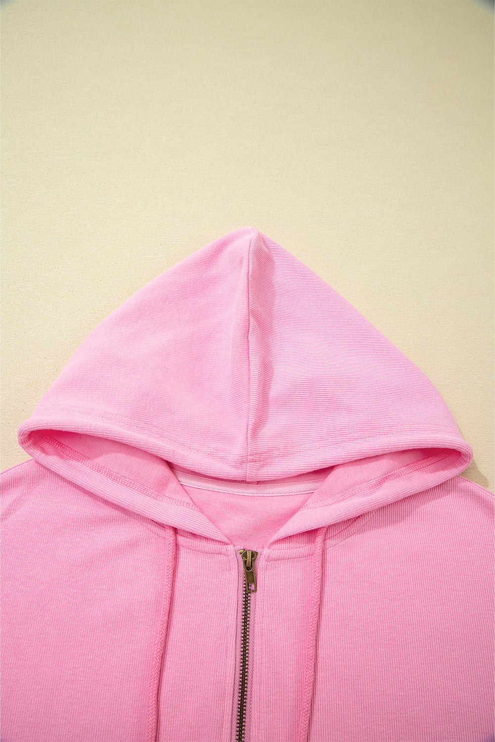 Sachet Pink Solid Color Ribbed Zip Up Drawstring Hooded Jacket-Tops / Dresses-[Adult]-[Female]-2022 Online Blue Zone Planet