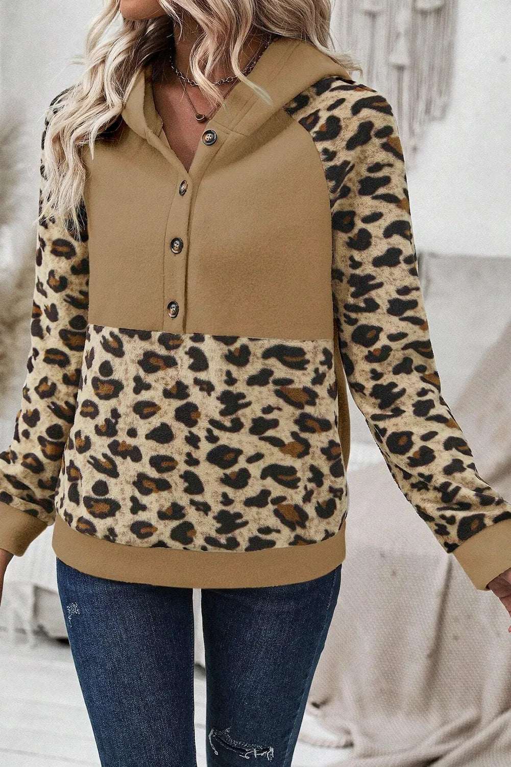 Leopard Half Button Long Sleeve Hoodie-TOPS / DRESSES-[Adult]-[Female]-2022 Online Blue Zone Planet