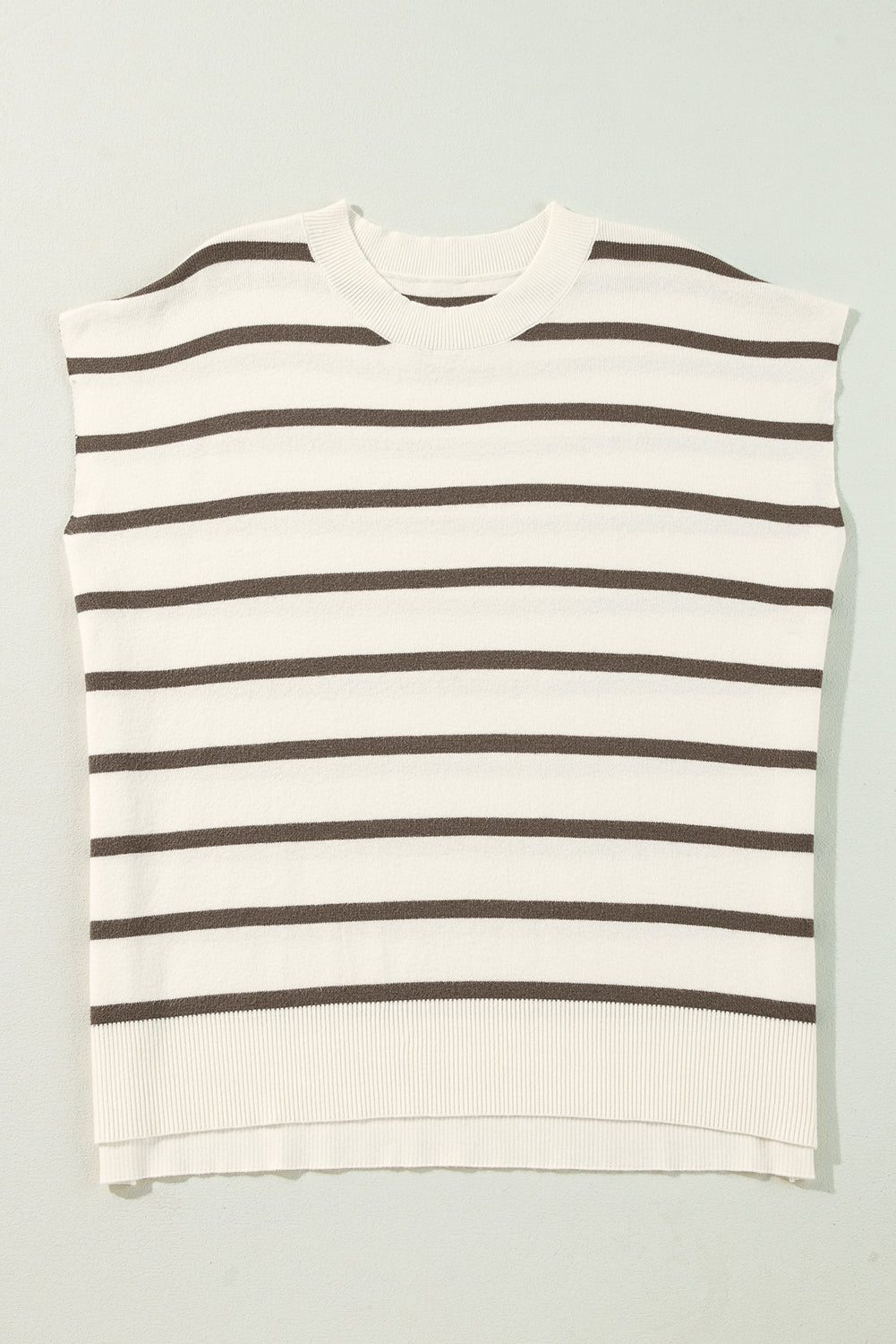 Brown Stripe Side Slits Crewneck Short Sleeve Sweater Tee-Sweaters & Cardigans/Short Sleeve Sweaters-[Adult]-[Female]-2022 Online Blue Zone Planet