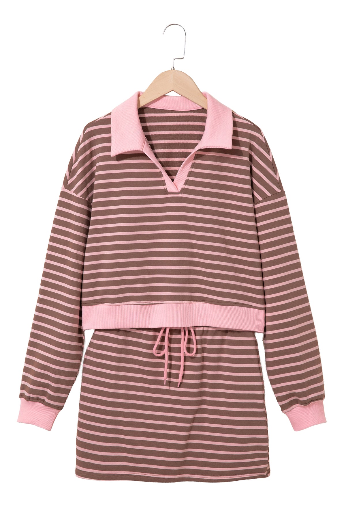 Brown Stripe Striped Drawstring Waist Long Sleeve Top Mini Skort Set-Two Piece Sets/Two Piece Dresses-[Adult]-[Female]-2022 Online Blue Zone Planet