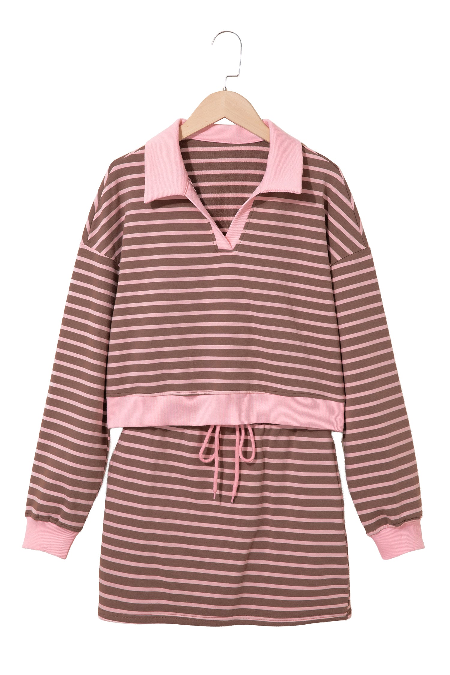 Brown Stripe Striped Drawstring Waist Long Sleeve Top Mini Skort Set-Two Piece Sets/Two Piece Dresses-[Adult]-[Female]-2022 Online Blue Zone Planet