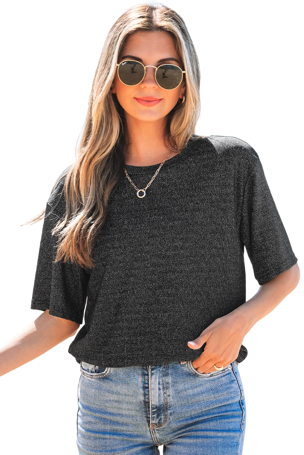 Black Bow Decor Glittery Short Sleeve Top-Tops/Tops & Tees-[Adult]-[Female]-2022 Online Blue Zone Planet