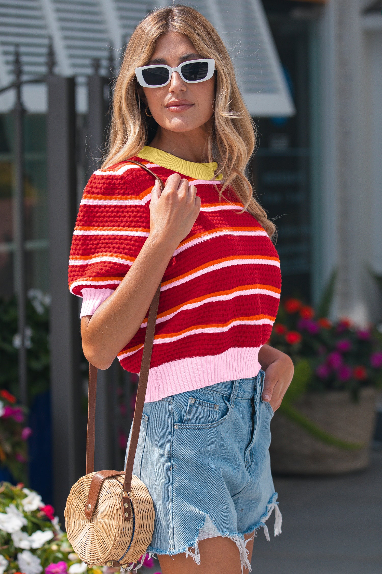 Red Stripe Colorblock Trim Half Sleeve Sweater Top-TOPS / DRESSES-[Adult]-[Female]-2022 Online Blue Zone Planet
