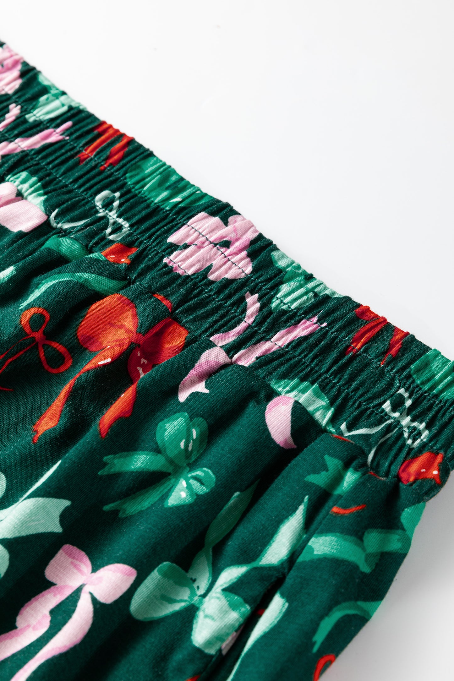 Green Festive Bow Print Long Sleeve Shirt and Pajama Short Set-Loungewear & Sleepwear/Loungewear-[Adult]-[Female]-2022 Online Blue Zone Planet