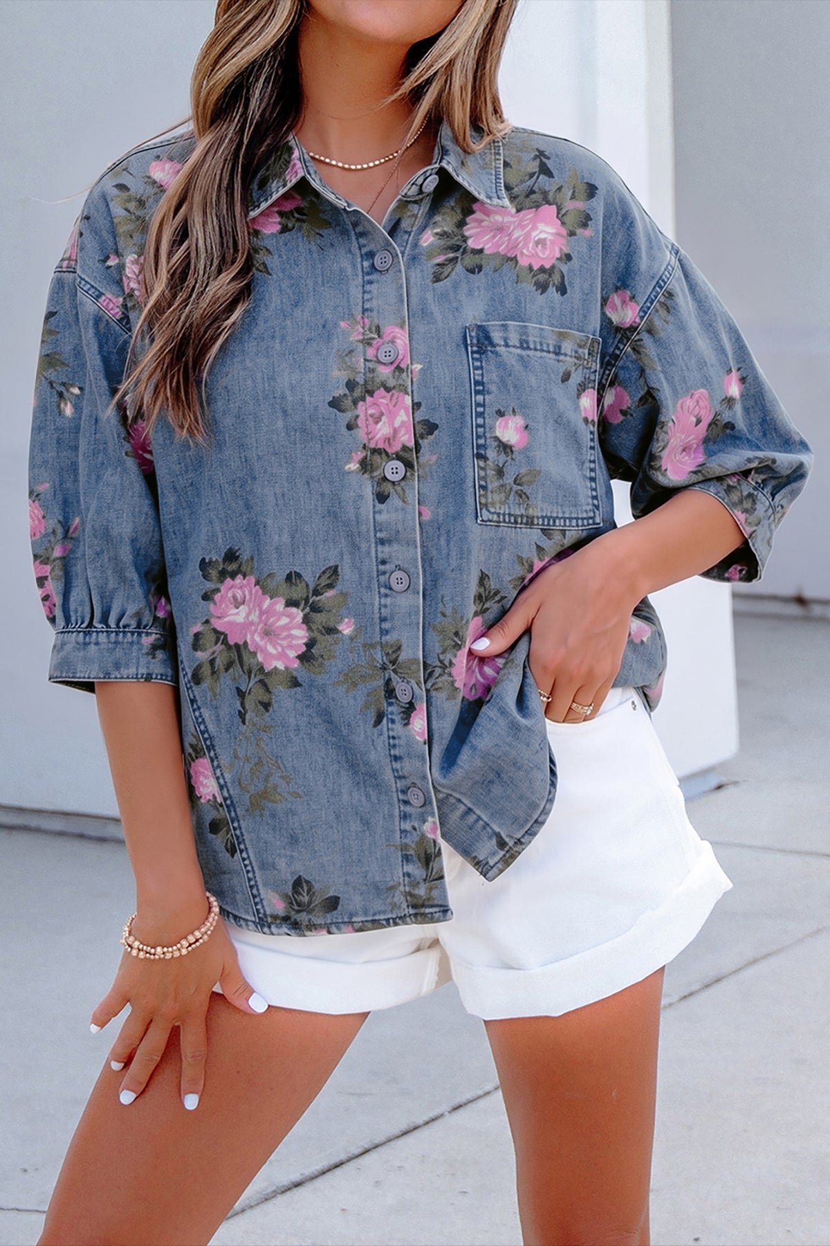 Blue Bracelet Sleeve Floral Denim Shirt-Bracelet-[Adult]-[Female]-2022 Online Blue Zone Planet