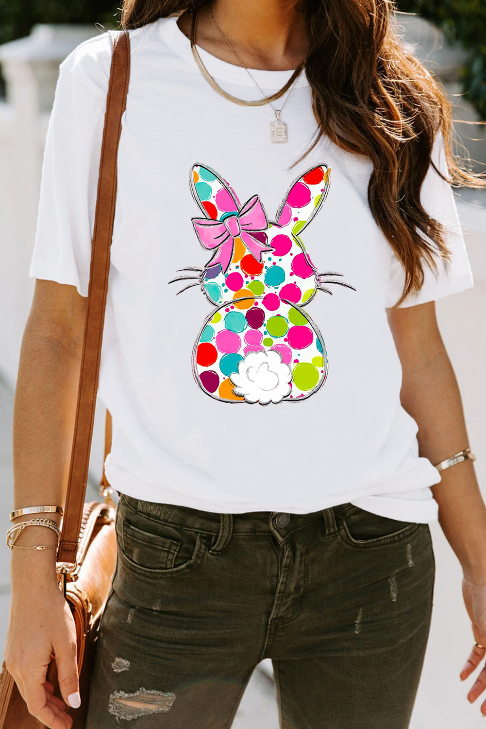 White Polka Dot Bow Rabbit Graphic Crewneck Easter Fashion Tee-Graphic/Graphic Tees-[Adult]-[Female]-2022 Online Blue Zone Planet