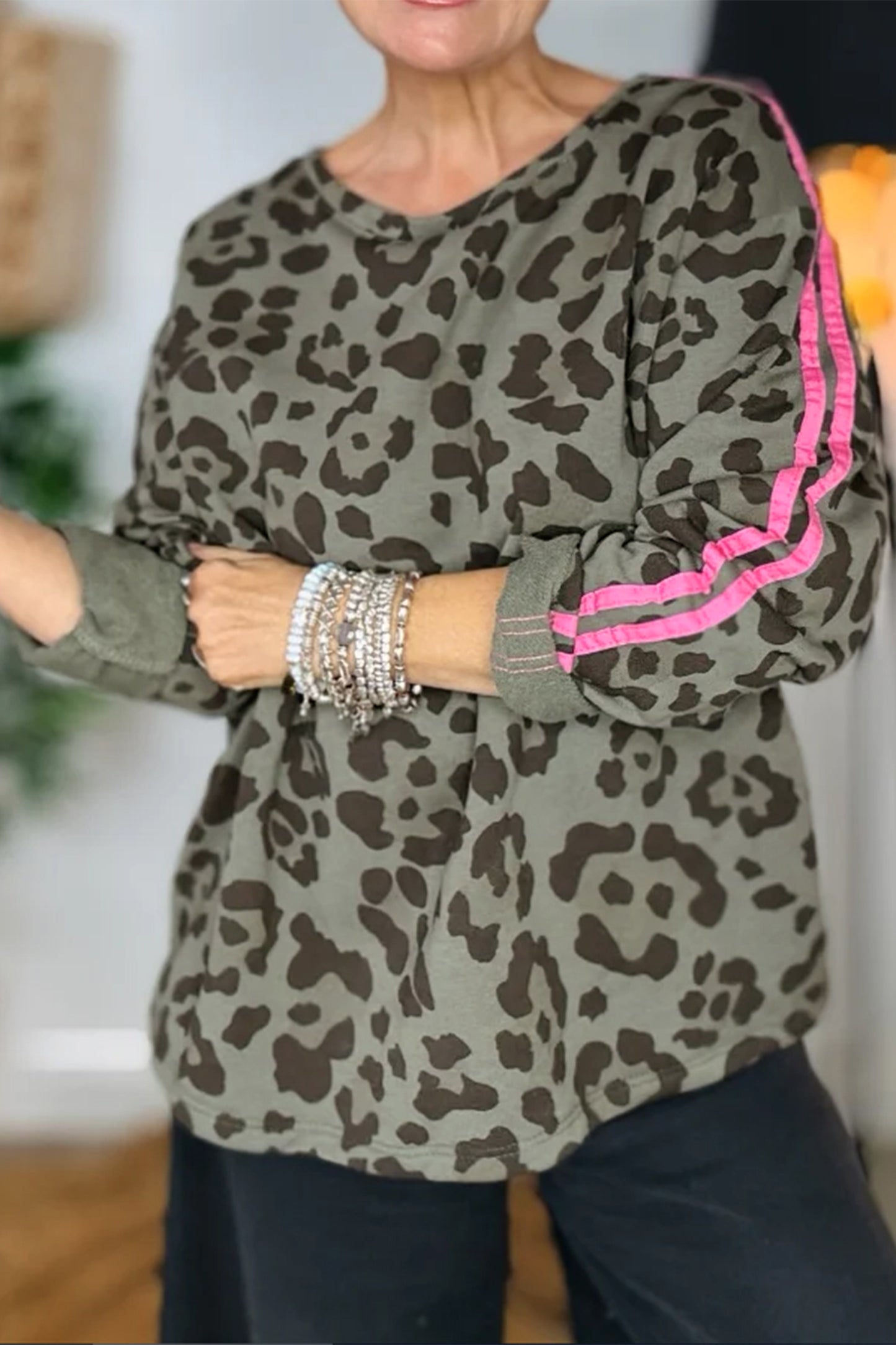 Green Leopard Print Varsity Striped Trim Long Sleeve Top-Tops/Long Sleeve Tops-[Adult]-[Female]-Green-S-2022 Online Blue Zone Planet