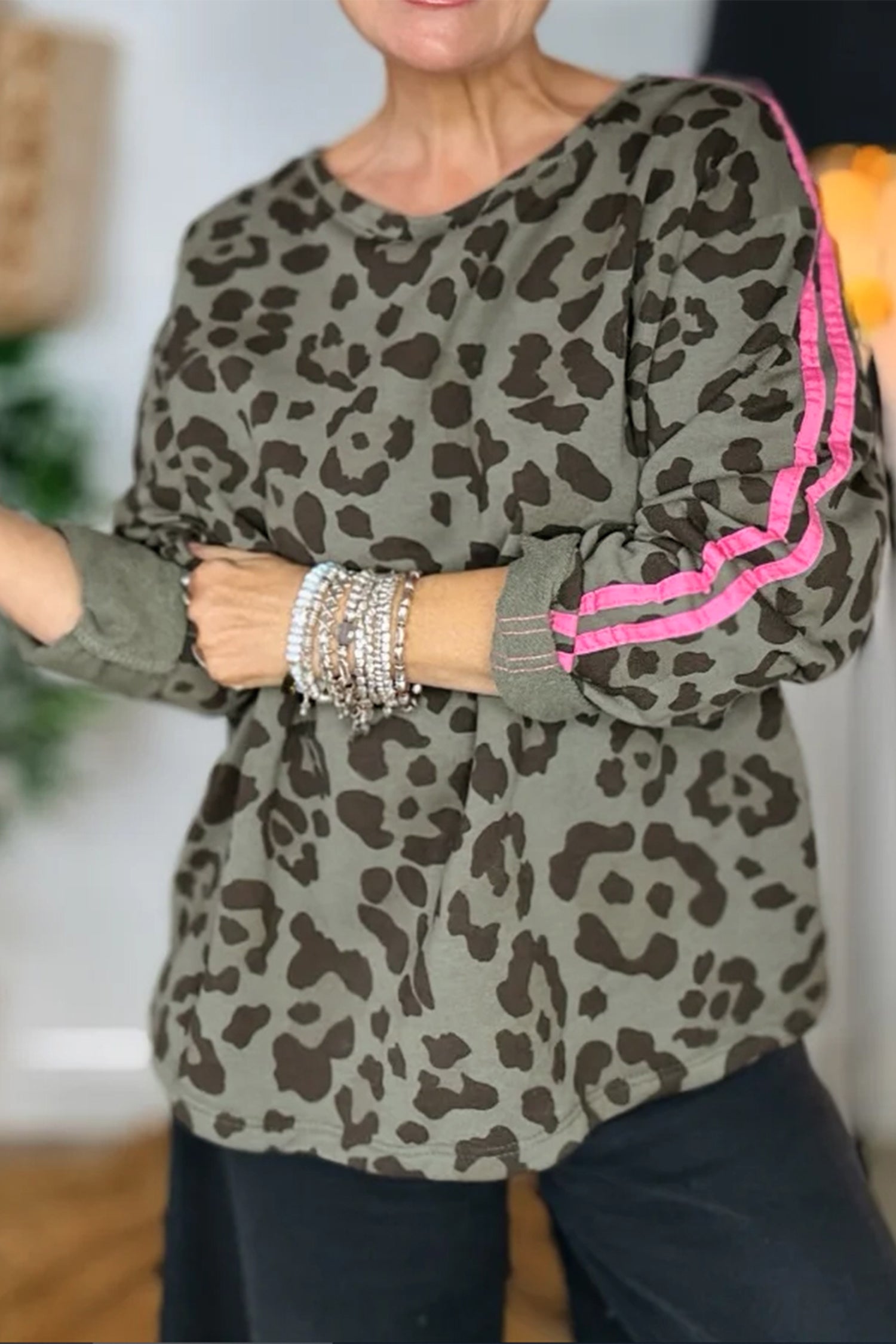 Green Leopard Print Varsity Striped Trim Long Sleeve Top-Tops/Long Sleeve Tops-[Adult]-[Female]-Green-S-2022 Online Blue Zone Planet