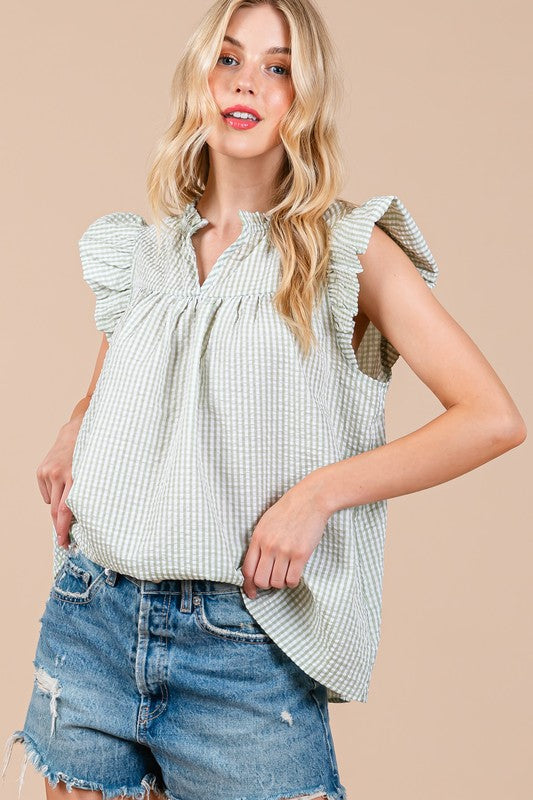 Ces Femme Plaid Notched Ruffled Cap Sleeve Blouse-TOPS / DRESSES-[Adult]-[Female]-2022 Online Blue Zone Planet