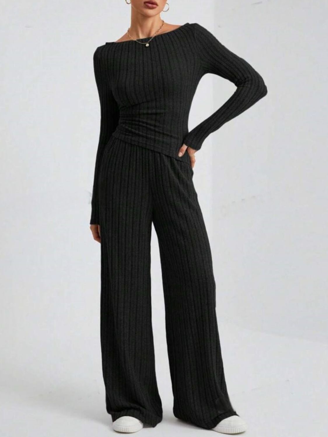 Ribbed Off-Shoulder Top and Pants Set-TOPS / DRESSES-[Adult]-[Female]-Black-XS-2022 Online Blue Zone Planet