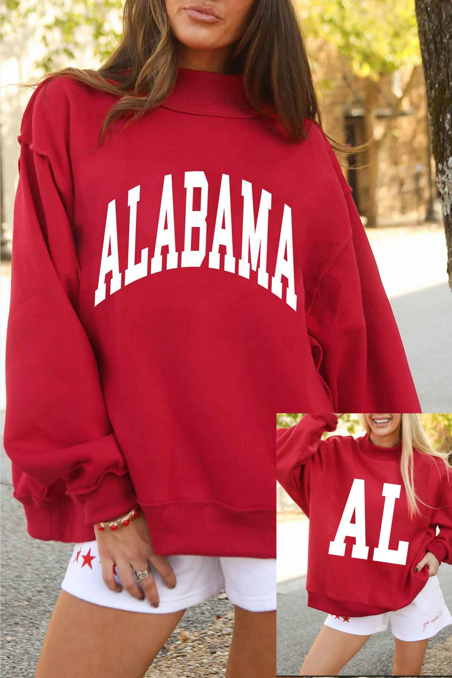 Racing Red ALABAMA/ AL Double Side Printed High Neck Reversible Baggy Sweatshirt-Graphic/Graphic Sweatshirts-[Adult]-[Female]-Racing Red-S-2022 Online Blue Zone Planet