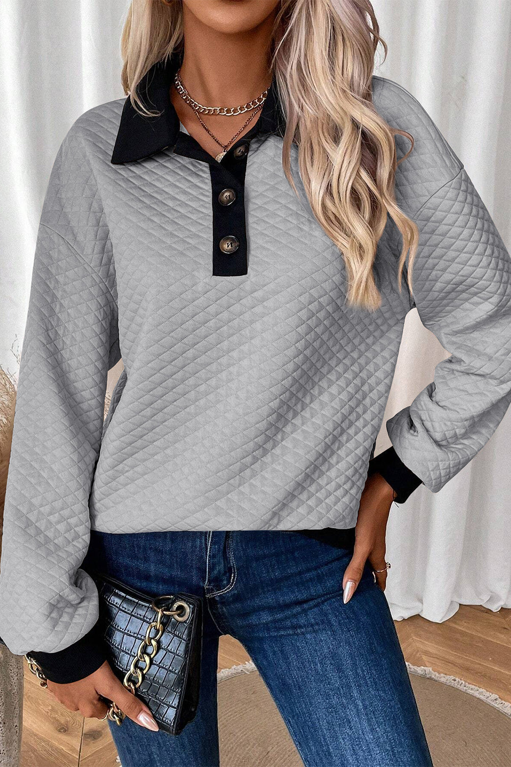 Light Grey Textured Colorblock Edge Buttoned Collar Sweatshirt-Tops/Sweatshirts & Hoodies-[Adult]-[Female]-Light Grey-S-2022 Online Blue Zone Planet