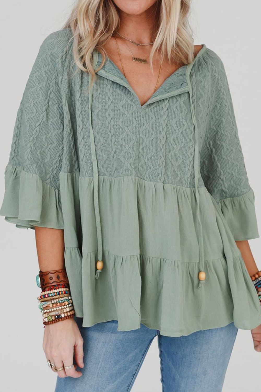 Ruffled Tie Neck Three-Quarter Sleeve Blouse-TOPS / DRESSES-[Adult]-[Female]-2022 Online Blue Zone Planet