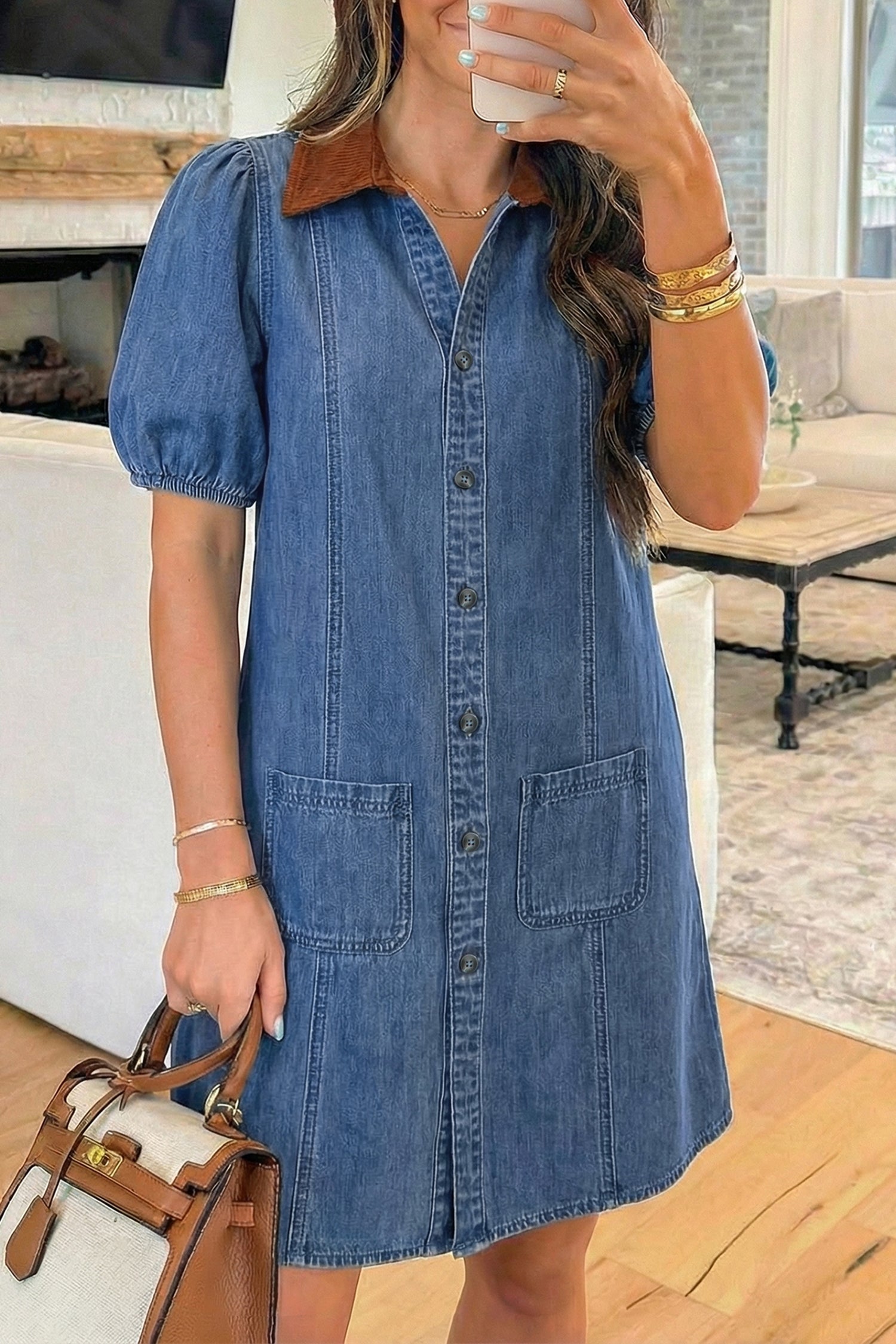 Blue Denim Short Puff Sleeve Color Block Shirt Collar Patchwork Mini Dress-Dresses/Mini Dresses-[Adult]-[Female]-Blue-S-2022 Online Blue Zone Planet