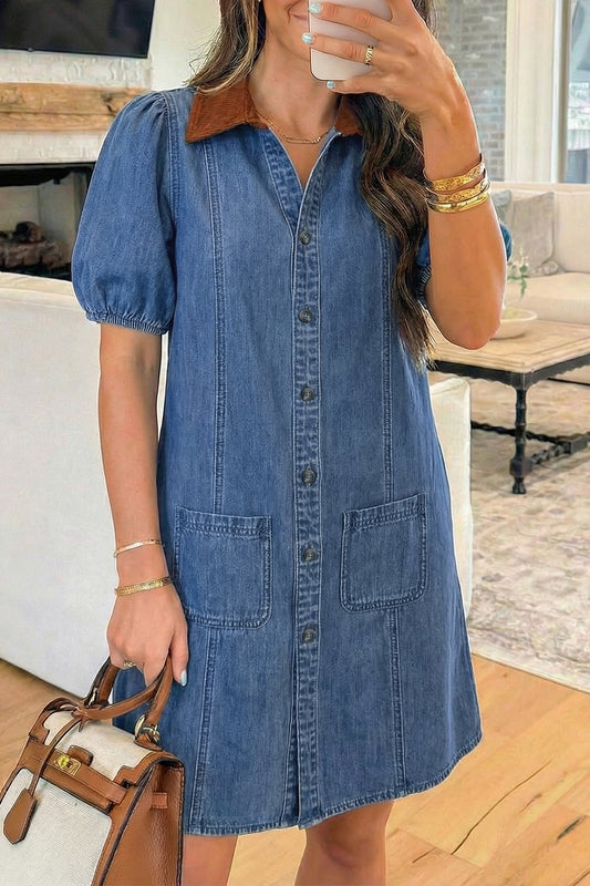 Blue Denim Short Puff Sleeve Color Block Shirt Collar Patchwork Mini Dress-Dresses/Mini Dresses-[Adult]-[Female]-Blue-S-2022 Online Blue Zone Planet
