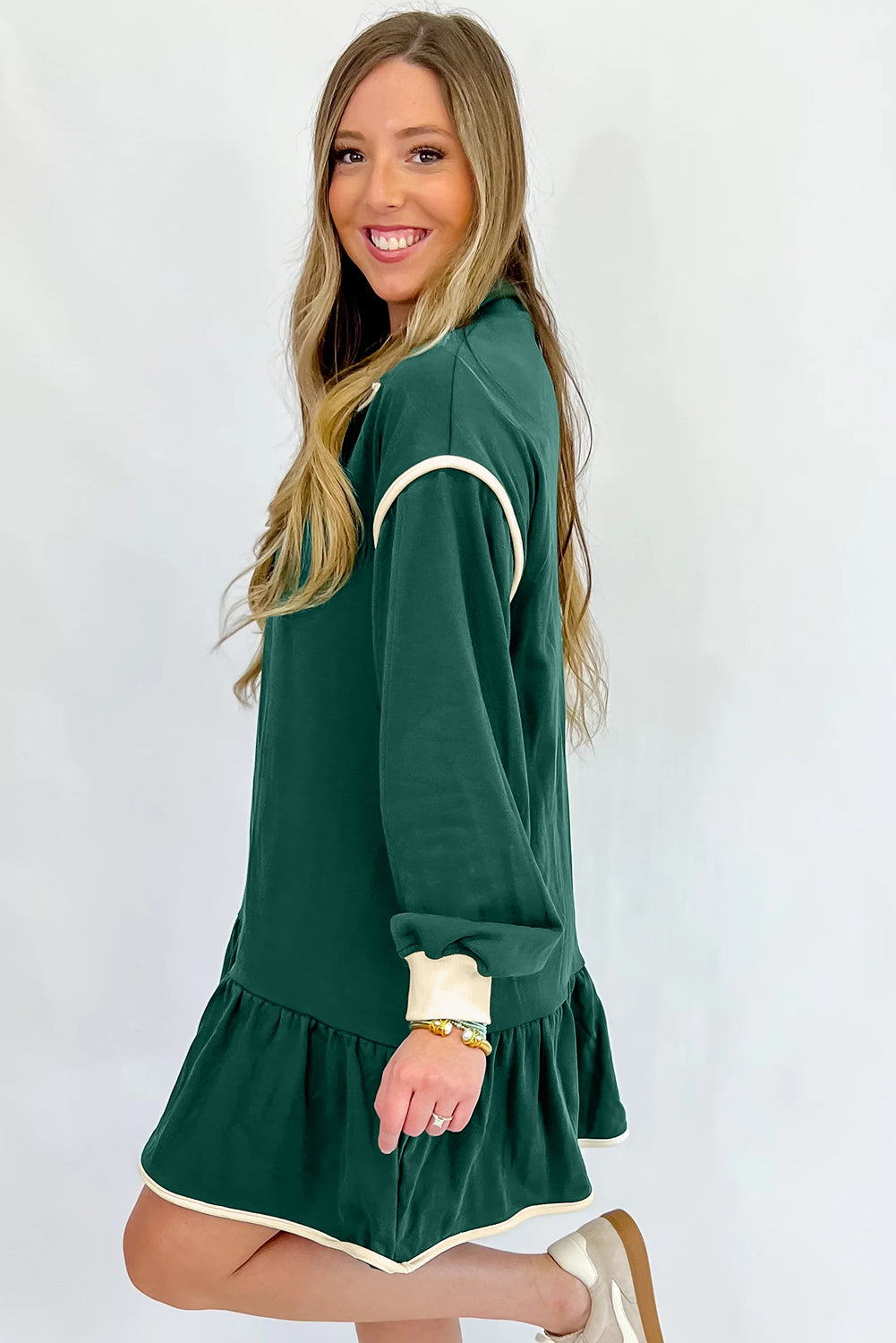 Evergreen Contrast Trim Zip Collar Long Sleeve Ruffle Hem Mini Dress-Dresses/Mini Dresses-[Adult]-[Female]-2022 Online Blue Zone Planet