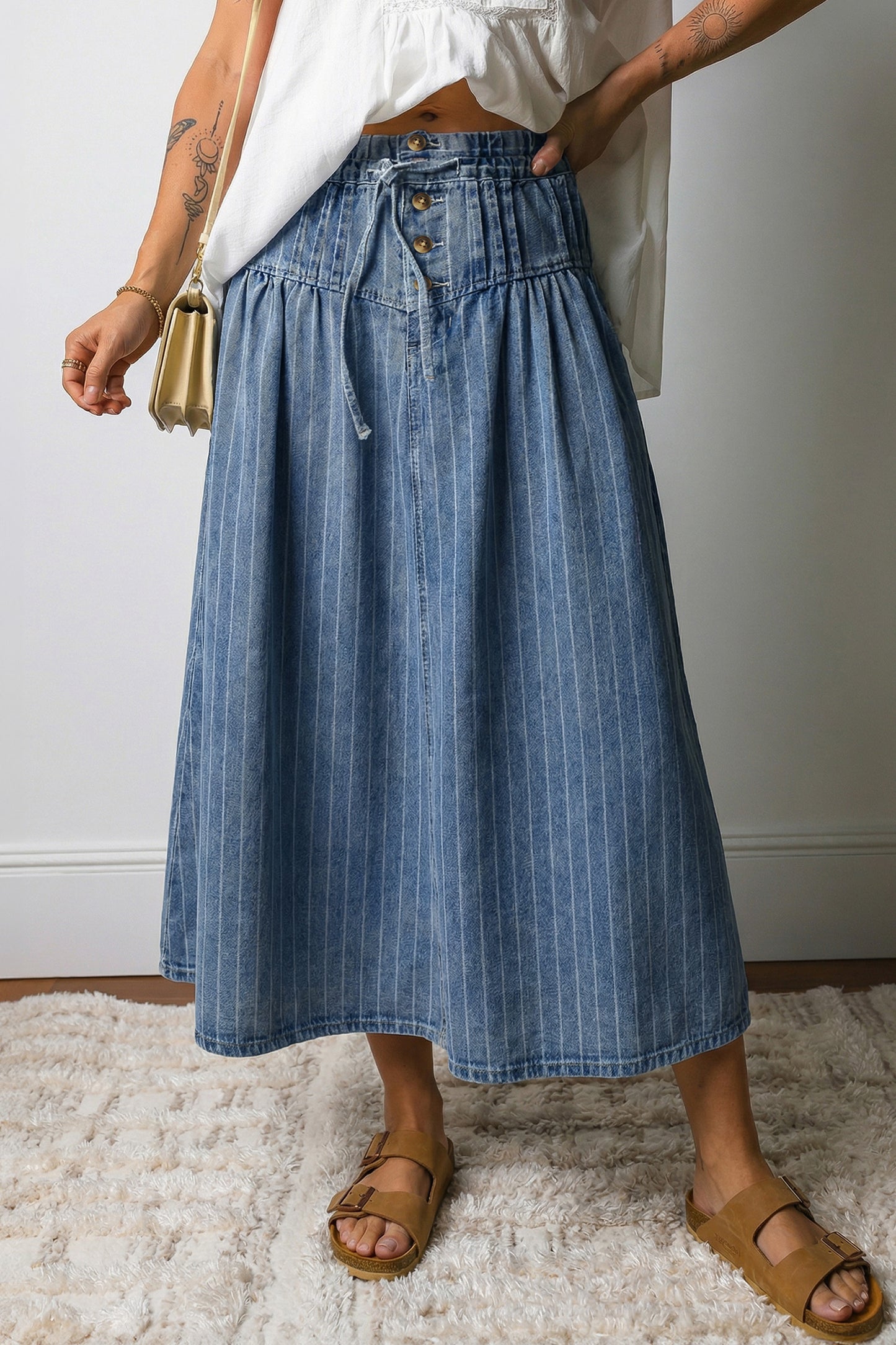 Sky Blue Stripe Button Pintuck High Waist Drawstring Denim Midi Skirt-Bottoms/Skirts & Petticoat-[Adult]-[Female]-Sky Blue Stripe-S-2022 Online Blue Zone Planet