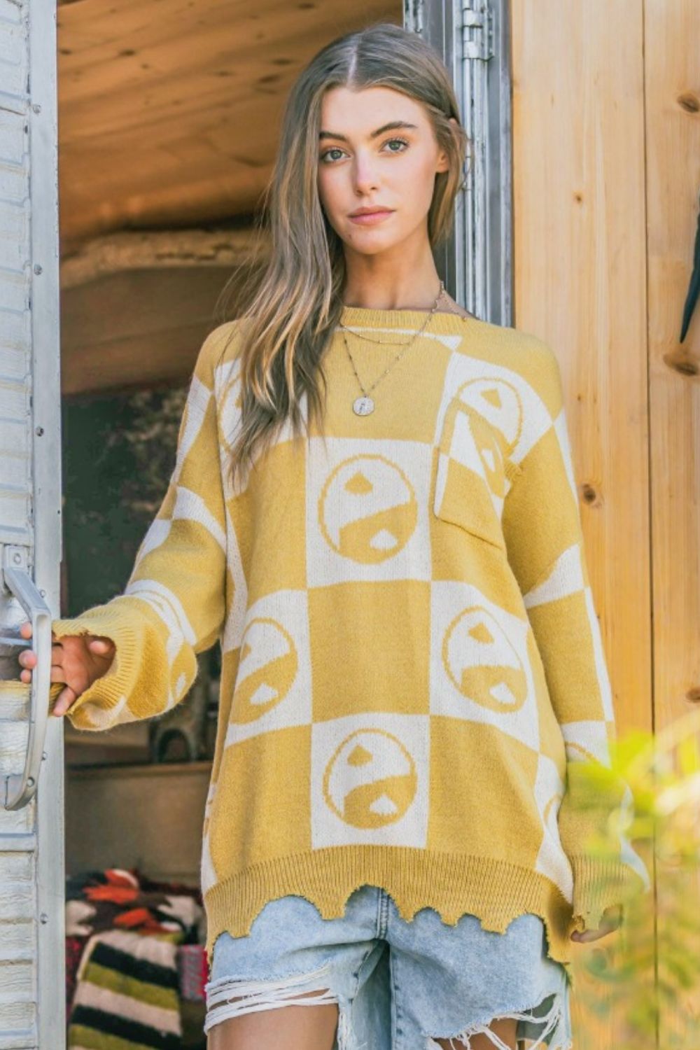 And The Why Checkerboard Sweater with Yin Yang Pattern-TOPS / DRESSES-[Adult]-[Female]-Mustard-S/M-2022 Online Blue Zone Planet