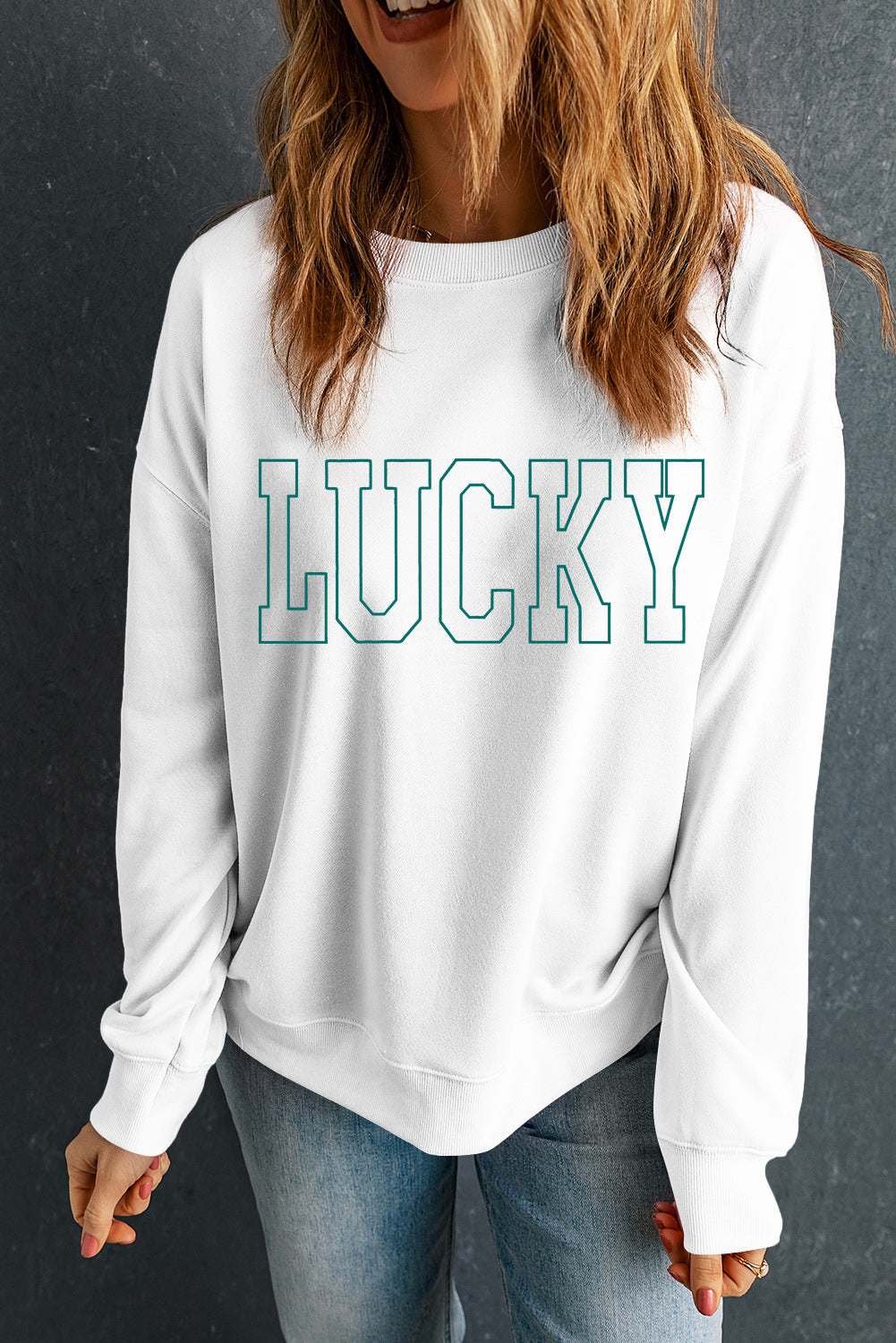 White St Patricks Lucky Graphic Crew Neck Pullover Sweatshirt