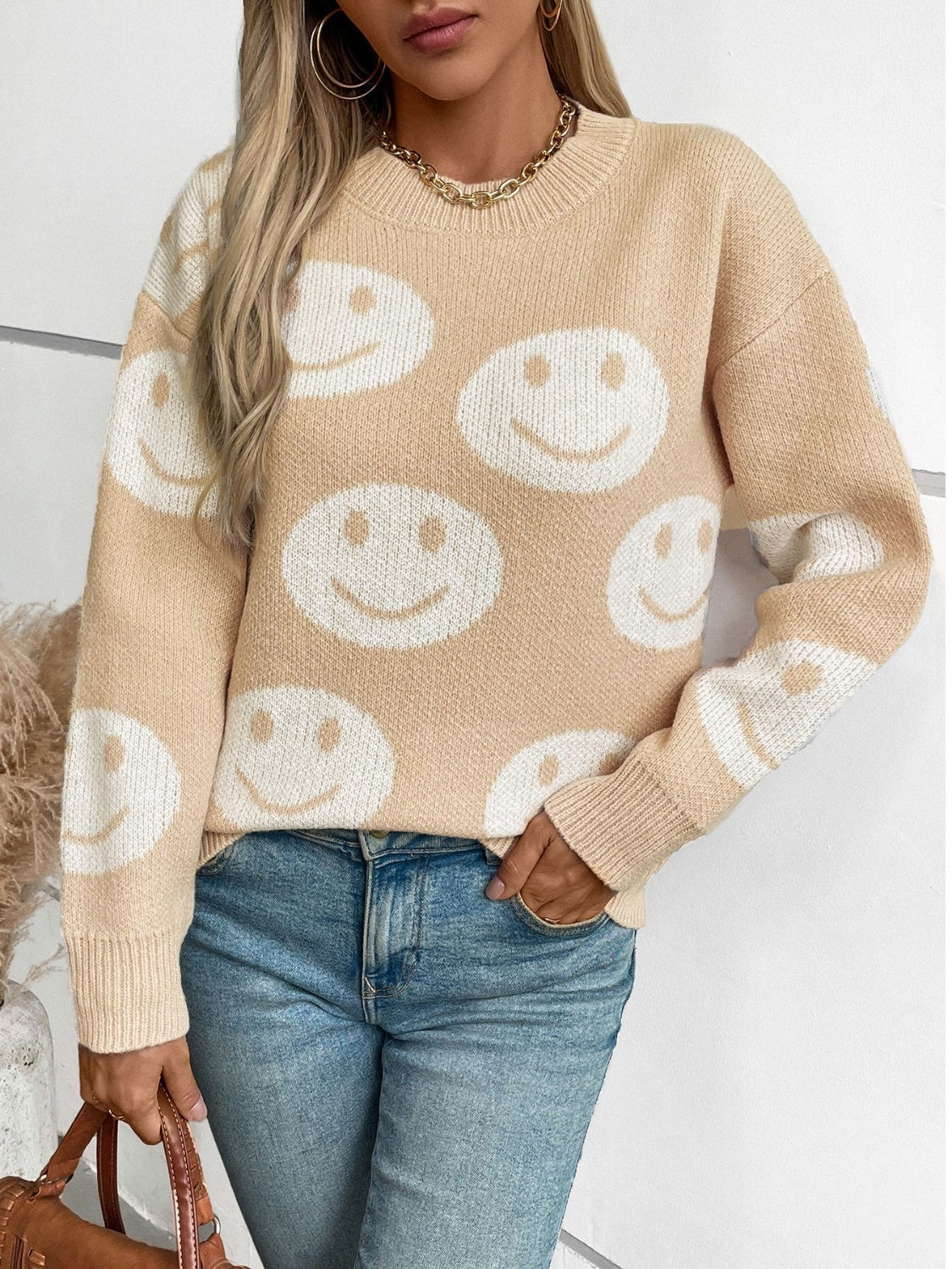 Smile Pattern Round Neck Long Sleeve Sweater-TOPS / DRESSES-[Adult]-[Female]-Tan-S-2022 Online Blue Zone Planet