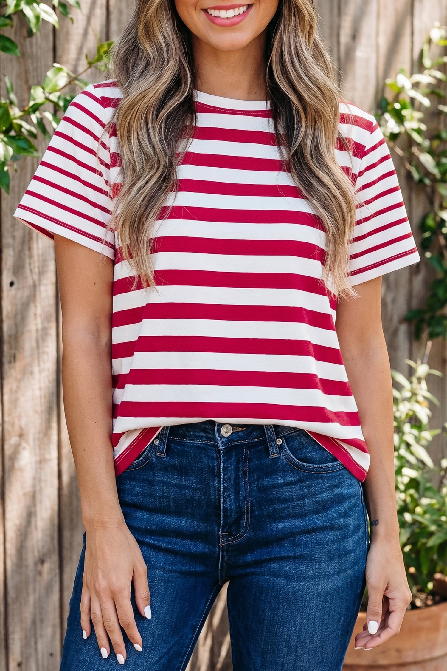 Red Stripe Patchwork Round Neck T Shirt-Tops/Tops & Tees-[Adult]-[Female]-2022 Online Blue Zone Planet