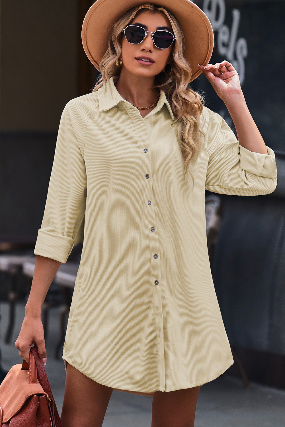 Beige Corduroy Shirt Style Full Button Long Sleeve Shift Mini Dress-Dresses/Mini Dresses-[Adult]-[Female]-2022 Online Blue Zone Planet