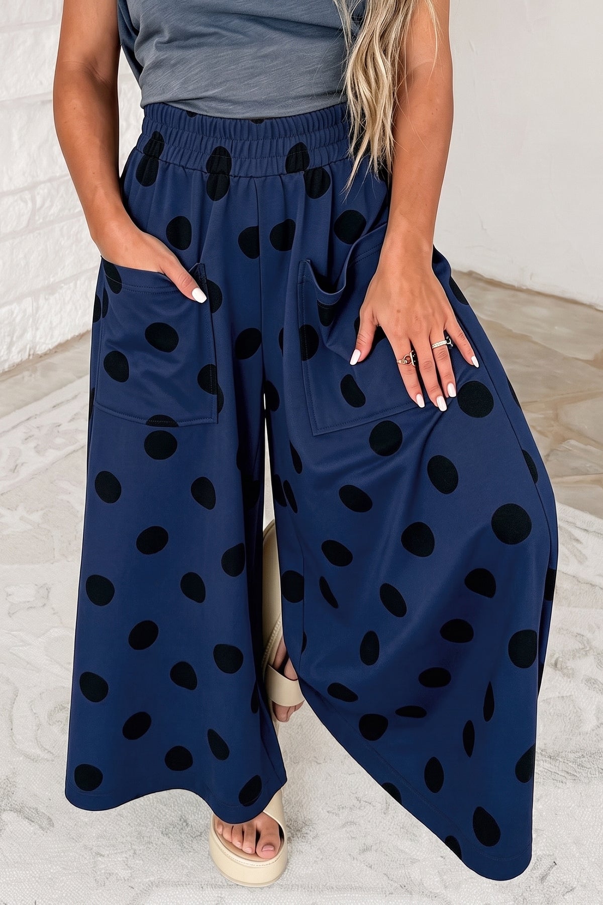Sail Blue Polka Dot Wide Leg Elastic Waist Casual Pants-Bottoms/Pants & Culotte-[Adult]-[Female]-2022 Online Blue Zone Planet