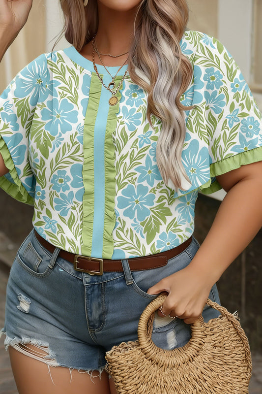 Sky Blue Plus Size Floral Print Frilled Color Block Trim Short Sleeve Blouse-Plus Size/Plus Size Tops/Plus Size Blouses & Shirts-[Adult]-[Female]-Sky Blue-1X-2022 Online Blue Zone Planet