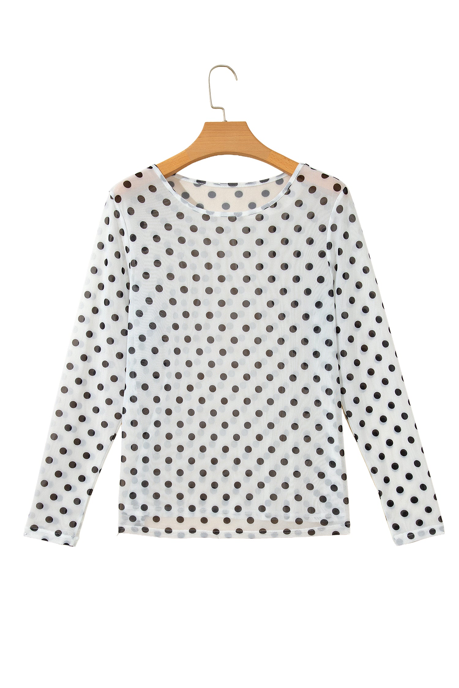 Black Polka Dot Sheer Mesh Long Sleeve Round Neck Shift Blouse-Tops/Long Sleeve Tops-[Adult]-[Female]-2022 Online Blue Zone Planet