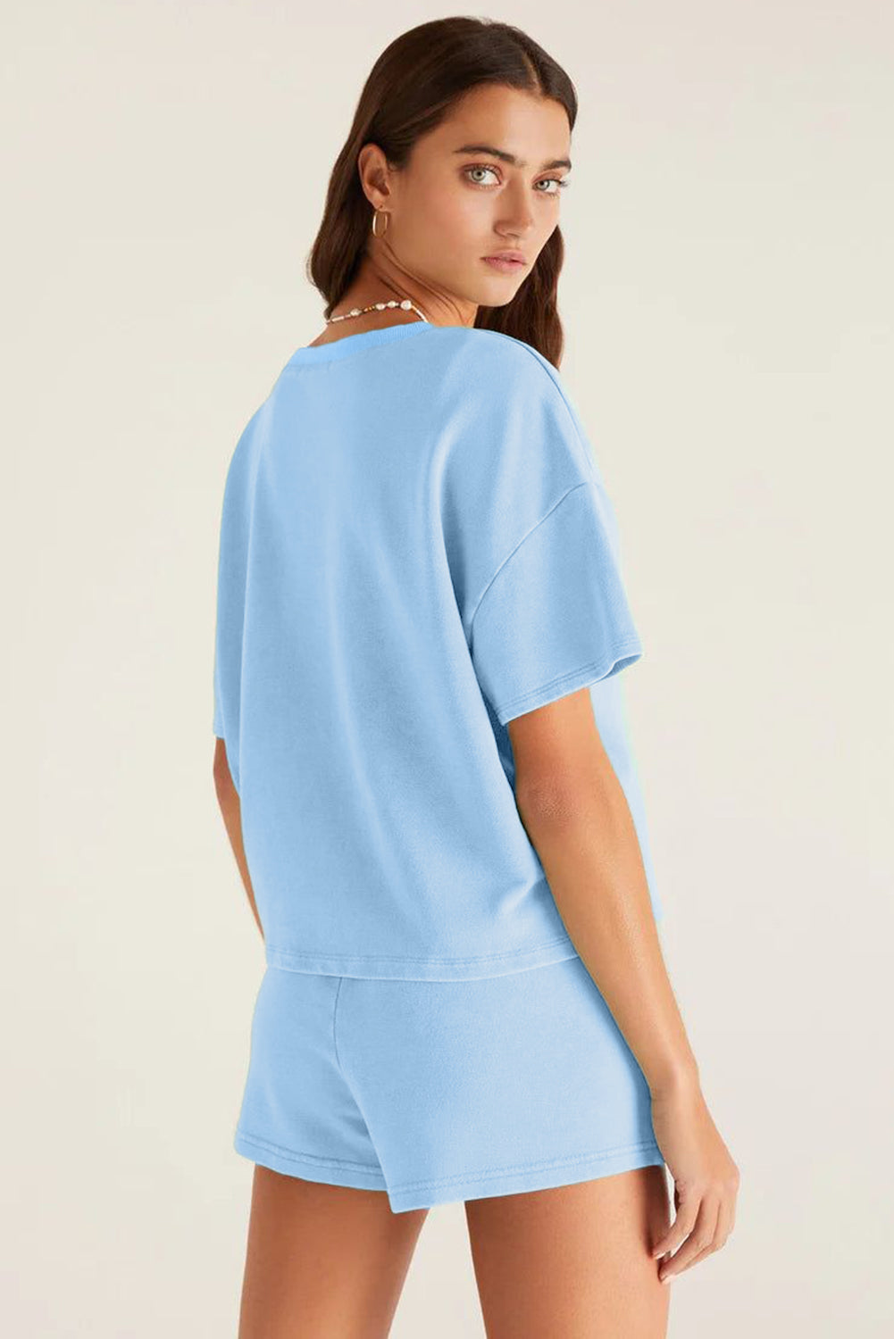 Myosotis V Neck Drop Shoulder Tee And Patchwork Drawstring Shorts Set-Two Piece Sets/Short Sets-[Adult]-[Female]-2022 Online Blue Zone Planet