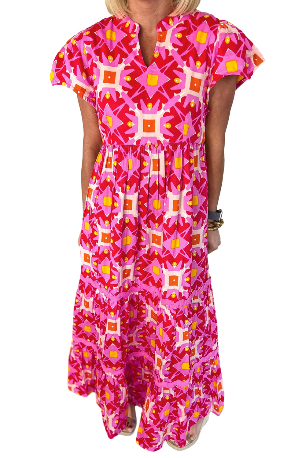 Blue Zone Planet | Strawberry Pink Geo Print V-neck Maxi Dress-TOPS / DRESSES-[Adult]-[Female]-2022 Online Blue Zone Planet