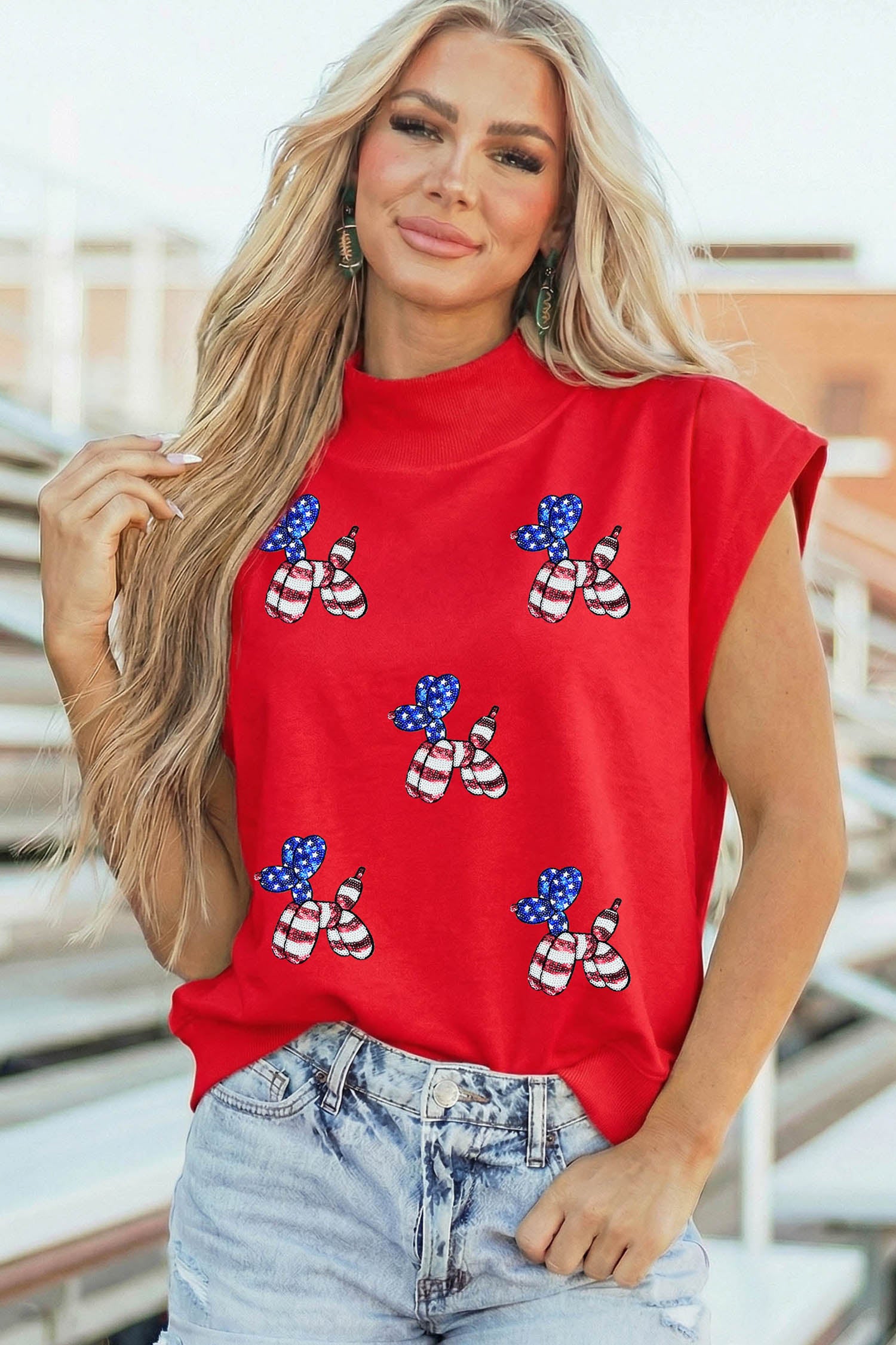 Racing Red Sequin American Flag Balloon Dog High Neck Short Sleeve Top-Graphic/Graphic Tees-[Adult]-[Female]-2022 Online Blue Zone Planet